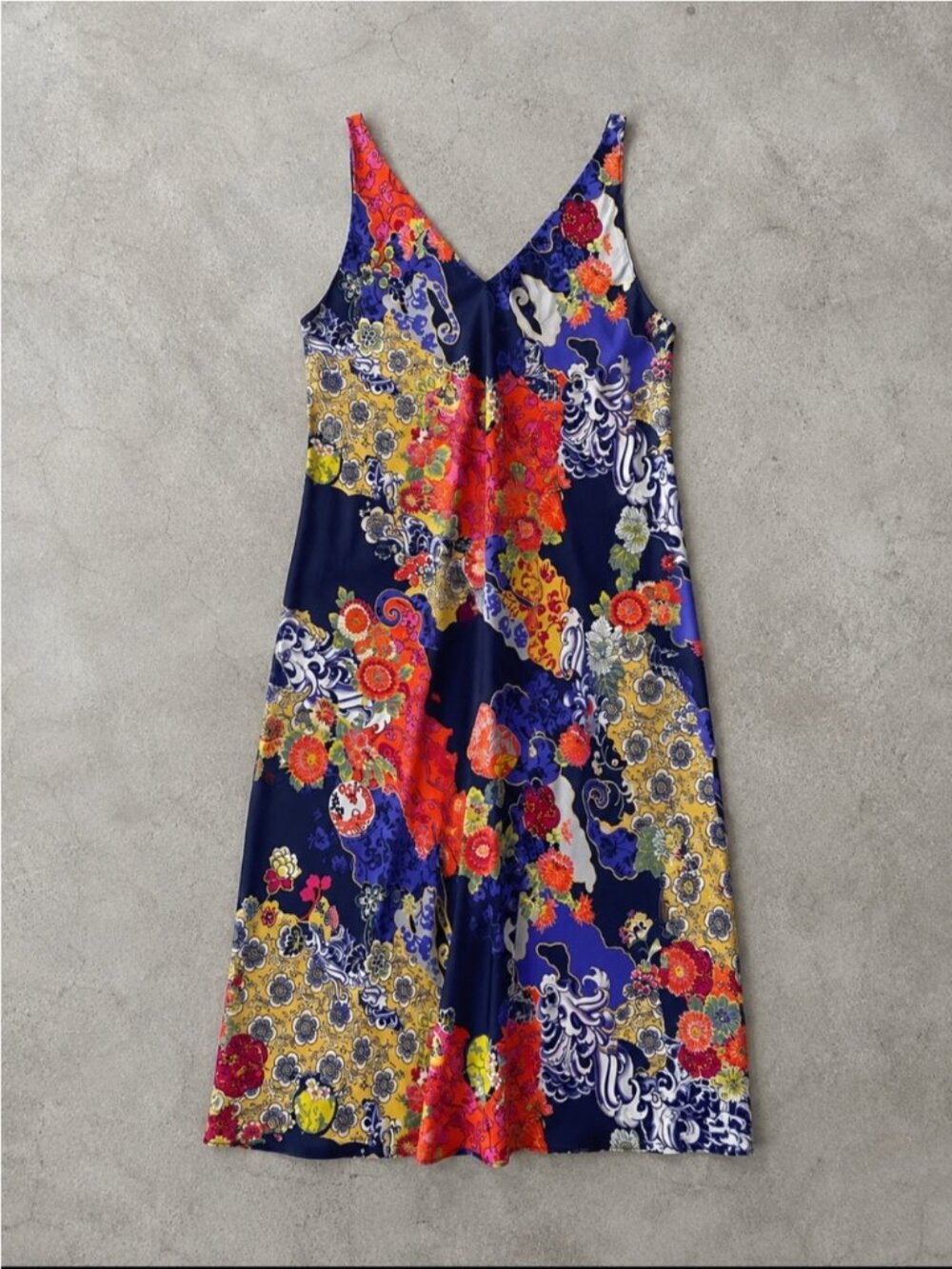 Natori Satin Slip Dress Woman Large Blue Floral Asian Print Midi Sleeveless